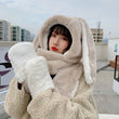 3in1  Rabbit Ears Hat Women Cute Warm Winter Thick Warm Long Hoodies Neck Scarf with Mittens