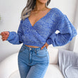 Women Solid Sexy Fashion Knitted  Long Sleeve V Neck Sweater