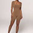 Women Square Neck Ribbed Knit Bodycon Short Jumpsuit