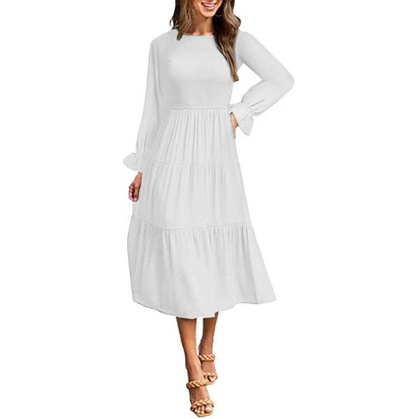 Womens Boho Round Neck Ruffle Sleeve Waisted Loose Long  Maxi Dress
