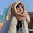3in1  Rabbit Ears Hat Women Cute Warm Winter Thick Warm Long Hoodies Neck Scarf with Mittens