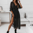 Women V-neck High Split Flower Print Maxi Dress