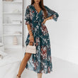 Women V-neck High Split Flower Print Maxi Dress