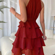 Women Halter Lotus Edge Sleeveless Dress