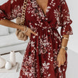 Women V-neck High Split Flower Print Maxi Dress