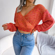 Women Solid Sexy Fashion Knitted  Long Sleeve V Neck Sweater