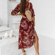 Women V-neck High Split Flower Print Maxi Dress