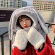 3in1  Rabbit Ears Hat Women Cute Warm Winter Thick Warm Long Hoodies Neck Scarf with Mittens