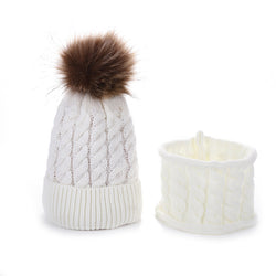2pack Kids Pompom Beanie Hat Knitted Warm Scarf Set