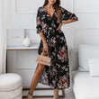 Women V-neck High Split Flower Print Maxi Dress