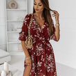 Women V-neck High Split Flower Print Maxi Dress