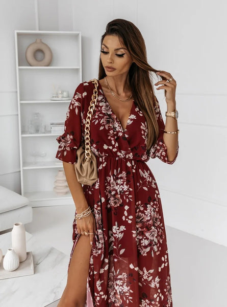Women V-neck High Split Flower Print Maxi Dress