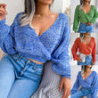 Women Solid Sexy Fashion Knitted  Long Sleeve V Neck Sweater