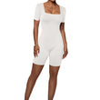 Women Square Neck Ribbed Knit Bodycon Short Jumpsuit