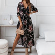 Women V-neck High Split Flower Print Maxi Dress