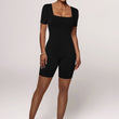 Women Square Neck Ribbed Knit Bodycon Short Jumpsuit
