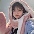 3in1  Rabbit Ears Hat Women Cute Warm Winter Thick Warm Long Hoodies Neck Scarf with Mittens