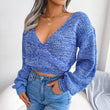 Women Solid Sexy Fashion Knitted  Long Sleeve V Neck Sweater