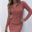 Women Knitted Button Slim Long Sleeves Dress