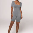 Women Square Neck Ribbed Knit Bodycon Short Jumpsuit