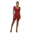 Women Square Neck Ribbed Knit Bodycon Short Jumpsuit