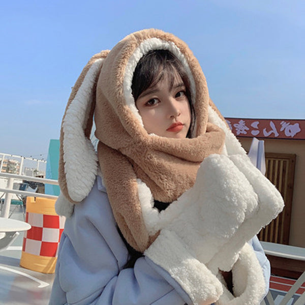 3in1  Rabbit Ears Hat Women Cute Warm Winter Thick Warm Long Hoodies Neck Scarf with Mittens