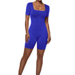 Women Square Neck Ribbed Knit Bodycon Short Jumpsuit